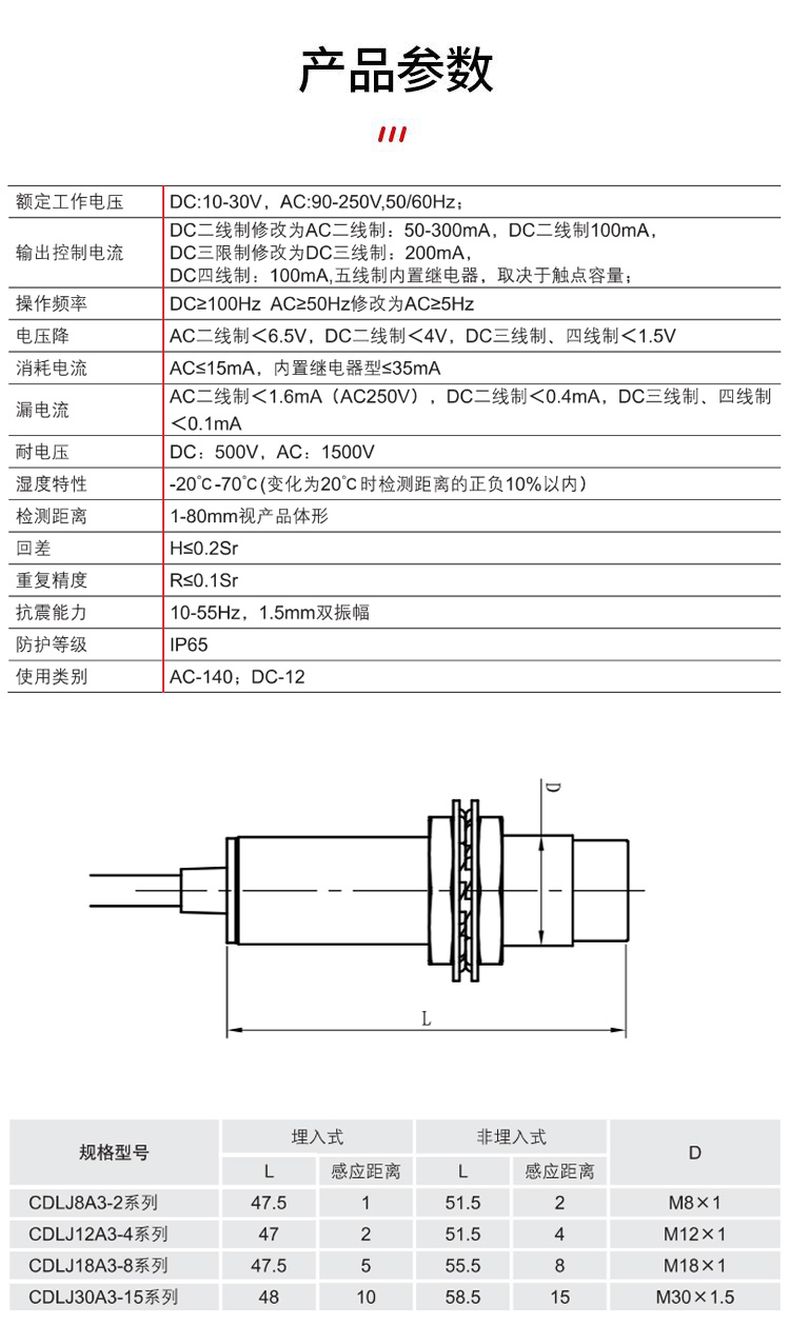 德力西接近開關(guān)CDJ10-I2A18(直徑18毫米)LJ18 德力西電感式傳感器 非埋入式安裝 圓柱螺紋型 輸出形式NPN/PNP可選 感應(yīng)距離8mm 【定制產(chǎn)品】